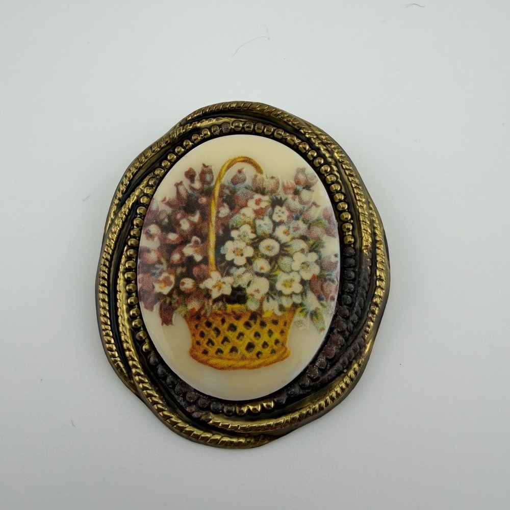 Vintage Gold Tone Floral Basket Germany Ornate Oval Brooch Pin